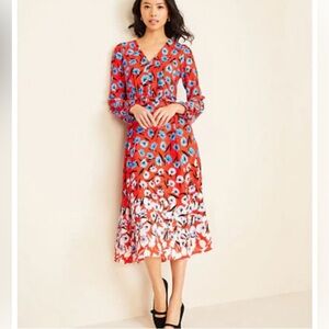 Ann Taylor Floral Red Poppyseed print Midi Dress 00P NWOT